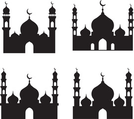Mosque during Eid morning vector silhouette illustration design set collection, mosque eid morning silhouette, eid prayer mosque vector, eid morning prayer illustration, islamic eid worship silhouette © MDKHURSHED