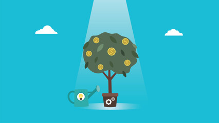 Watering money tree with creative ideas concept vector illustration. Financial investment and business growth strategy.
