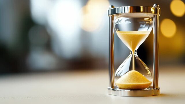 An hourglass filled with fine sand sits elegantly on a table, shimmering in soft ambient light. The cozy atmosphere creates a tranquil ambiance, perfect for reflection.