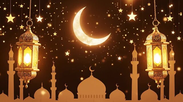 Illuminated Islamic Lanterns and Crescent Moon Over Mosque Silhouette with Sparkling Stars, Ramadan