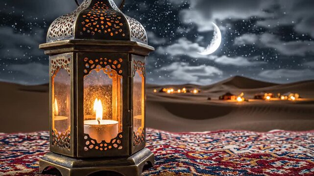 Illuminated Islamic Lantern with Candle Glows on Desert Dunes Under a Crescent Moon and Starry Night
