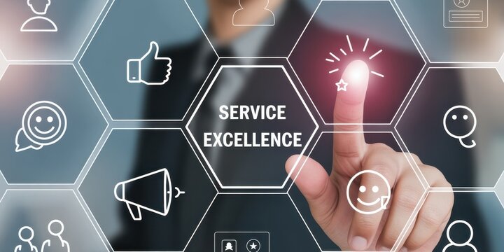 Service Excellence: A close-up shot of a hand interacting with a glowing Service Excellence concept on a digital interface, symbolizing the commitment to providing exceptional experiences.