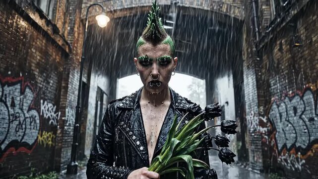 Punk Fashion Model with Spiked Hair in Rainy Urban Alley
