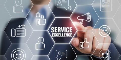 Obraz premium Service Excellence in Focus: A digital illustration emphasizes the importance of service excellence, with a finger pointing towards a central hexagon.