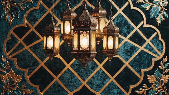Intricate Arabesque Metal Lanterns Hung in Front of a Textured Teal Background with Gold Geometric