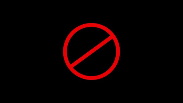 No Symbol animation isolated black screen. Warning, stop, prohibited or no entry forbidden circle and line symbol icon Animation of delete, denied, ban or block icon.