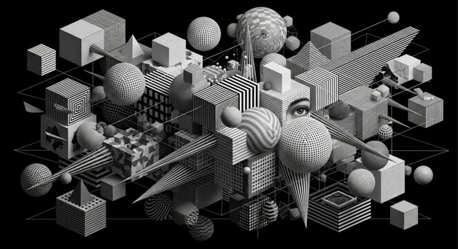Abstract geometric shapes with black and white patterns create a complex composition.