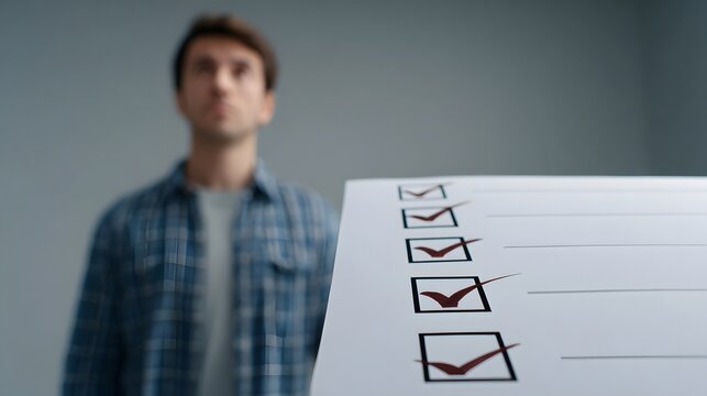 Blurred man looks up from a checklist with multiple completed tasks symbolizing planning and achievement