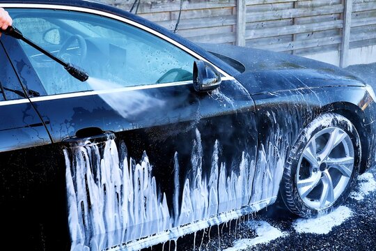 Car is cleaned with foam and high pressure cleaner.