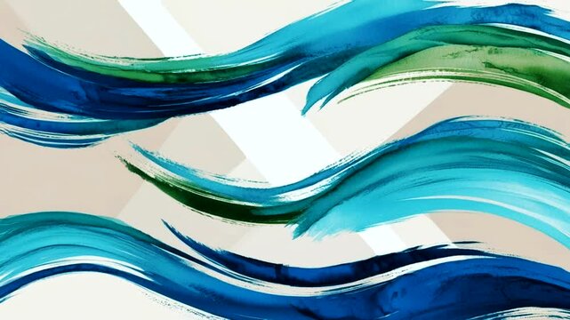 A contemporary abstract artwork featuring dynamic brushstrokes in a palette of deep blue, teal, and emerald green.