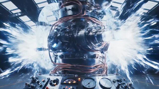 Futuristic sci-fi machine powering on, generating plasma energy, lightning bolts, and opening a temporal portal or a time travel wormhole in a secret lab hangar