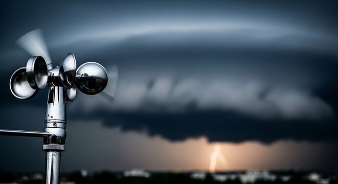 Weather station with anemometer and dark stormy sky background 4k