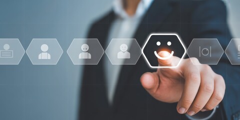 Naklejka premium Customer Satisfaction and Happiness: A person is shown digitally engaging with an interface, highlighting the importance of customer satisfaction and happiness in a business context.