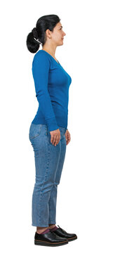 Side view full length portrait of a young woman looking ahead isolated on transparent background
