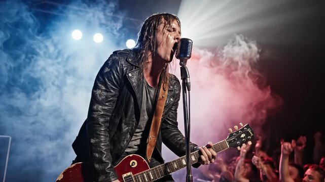 Rock singer performing live with guitar on stage at concert