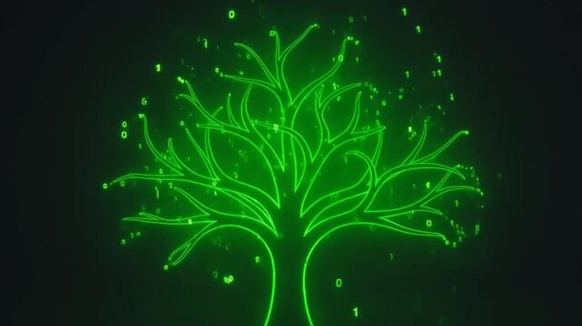 Glowing neon green digital tree with falling binary code background