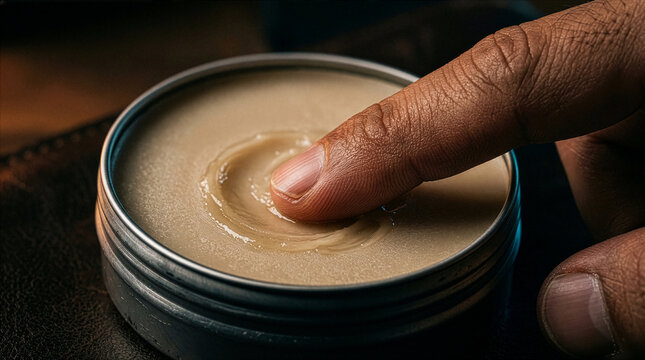 Finger dipping into natural beard balm wax in metal tin