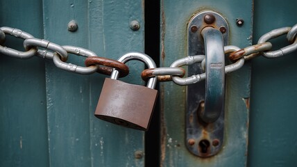 A rusted padlock securing a weathered door with a chain lock