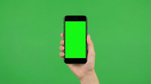 Hand holding a black smartphone with a bright green screen, isolated against a green backdrop, perfect for app demos and video content.