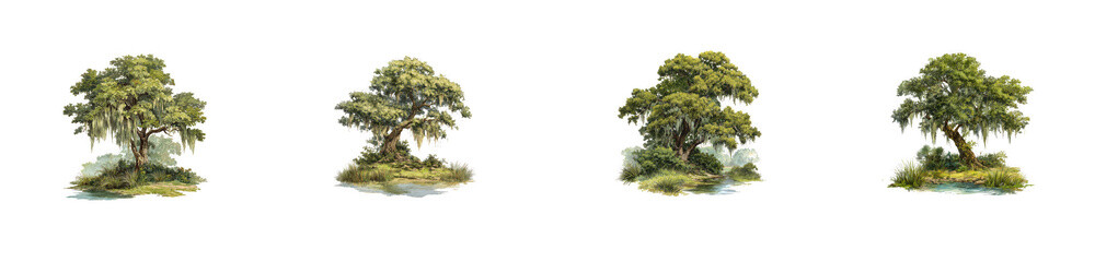 Beautifully rendered watercolor paintings of live oak trees with Spanish moss. isolated on transparent background