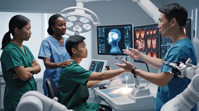 Diverse surgical team training on robotic surgery system in a futuristic hospital. Medical students learning to operate a minimally invasive surgery console with advanced technology