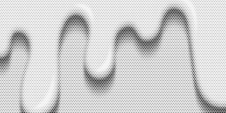 Hexagon halftone gradient texture. Abstract black grunge background. Geometric retro halftone tech overlay. Fading wavy hexagonal pattern backdrop. Vector vanishing honeycomb grunge bitmap wallpaper