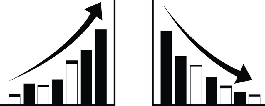 Business Growth and Decline Bar Chart Icons with Upward and Downward Arrow Financial Graph Concept
