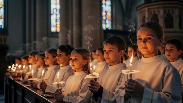 Children in white robes holding lit candles during a religious ceremony inside a church, representing first communion or Easter vigil.