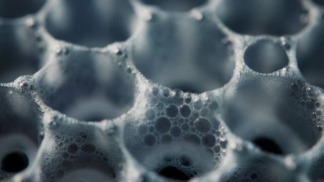 Macro view of soap bubbles forming a honeycomb pattern with foam texture and intricate details