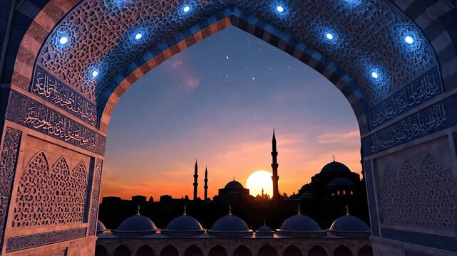 Majestic Islamic Archway Illuminated by Sunset View of Mosques and Minarets Under a Starry Night Sky