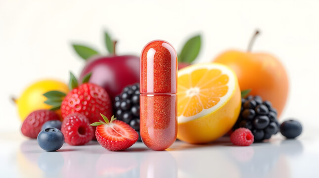 A vibrant red capsule stands out against a colorful array of fresh fruits, symbolizing health and vitality.