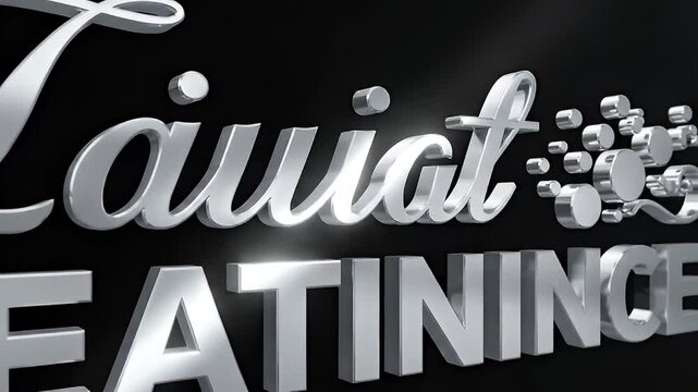 Metallic 3D Text Logo with Sleek Design and Abstract Elements on a Dark Background
