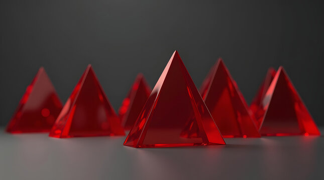 A cluster of glistening red pyramids set against a dark backdrop, creating a striking visual contrast.