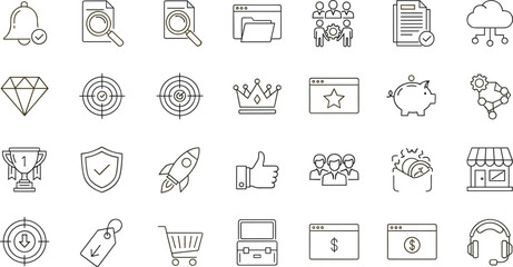Business technology icon set, document target crown, piggy bank trophy shield rocket, storefront shopping cart briefcase headset ©  FIROZ CONTRIBUTOR 