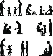 Obraz premium Vector silhouette illustration collection featuring family parenting caregiving children interaction teaching nurturing modern artwork
