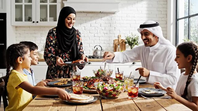 Middle Eastern Family Enjoying a Festive Meal Together, Sharing Food and Conversation Around