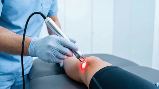 Professional physiotherapist using a medical laser therapy device on a patient's knee in a clinic to reduce pain and inflammation, advanced physical therapy and rehabilitation.