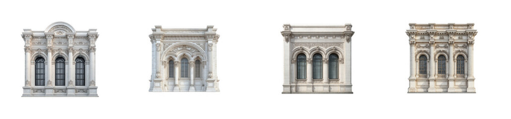 Obraz premium Elegant Architectural Facades: Ornate Building Exteriors with Windows and Details isolated on transparent background