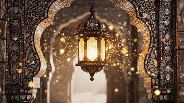 Ornate Arabian Archway with Hanging Lantern and Golden Sparkles, Evoking Mystical Desert and Ramadan