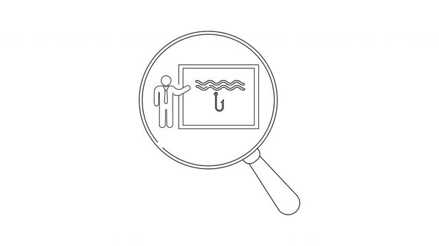 Fishing Technique Presentation Under Magnifying Glass Line Art.