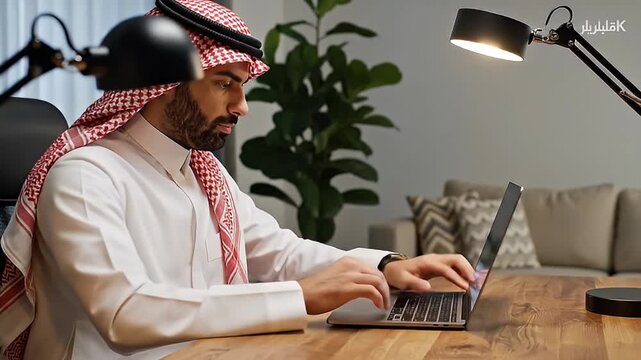 Middle Eastern Man in Traditional Clothing Working on Laptop Computer in Modern with Desk