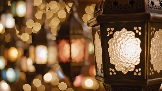 Ornate Arabic Lanterns with Glowing Lights and Bokeh Effect, Evoking Ramadan and Festive Ambiance