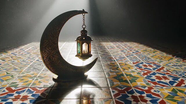 Ornate Crescent Moon Stand Holding a Decorative Islamic Lantern with Colored Glass, Illuminated