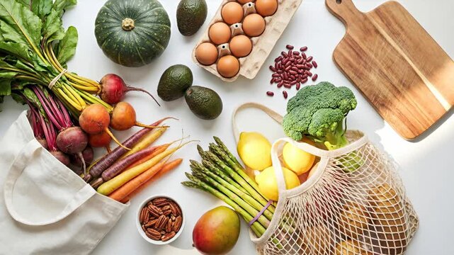 Top down flat lay of fresh organic vegetables in eco friendly cotton bags with eggs and nuts on a white background for healthy lifestyle nutrition and sustainable grocery shopping.