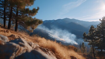 Wildfire smoke and burned forest landscape with environmental destruction, ideal for climate change impact, natural disaster, environmental crisis, global warming awareness, ecological damage, and