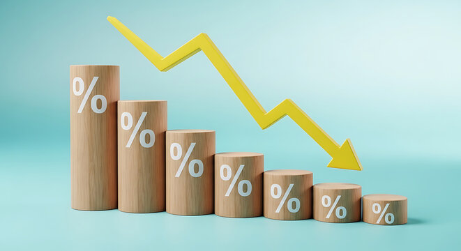 Declining percentage graph with wooden cylinders and yellow arrow