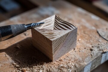 Woodworking process in a workshop as a craftsman carves a detailed pattern into a wooden block