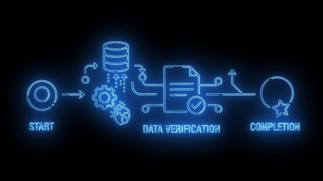 Neon-lit data verification flowchart with glowing blue lines and icons on a black background.