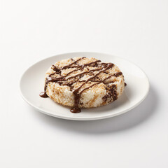 Sweet Fried Cake with Chocolate Drizzle on White Plate.