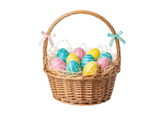 Colorful easter eggs nestled in a woven basket for a festive springtime display